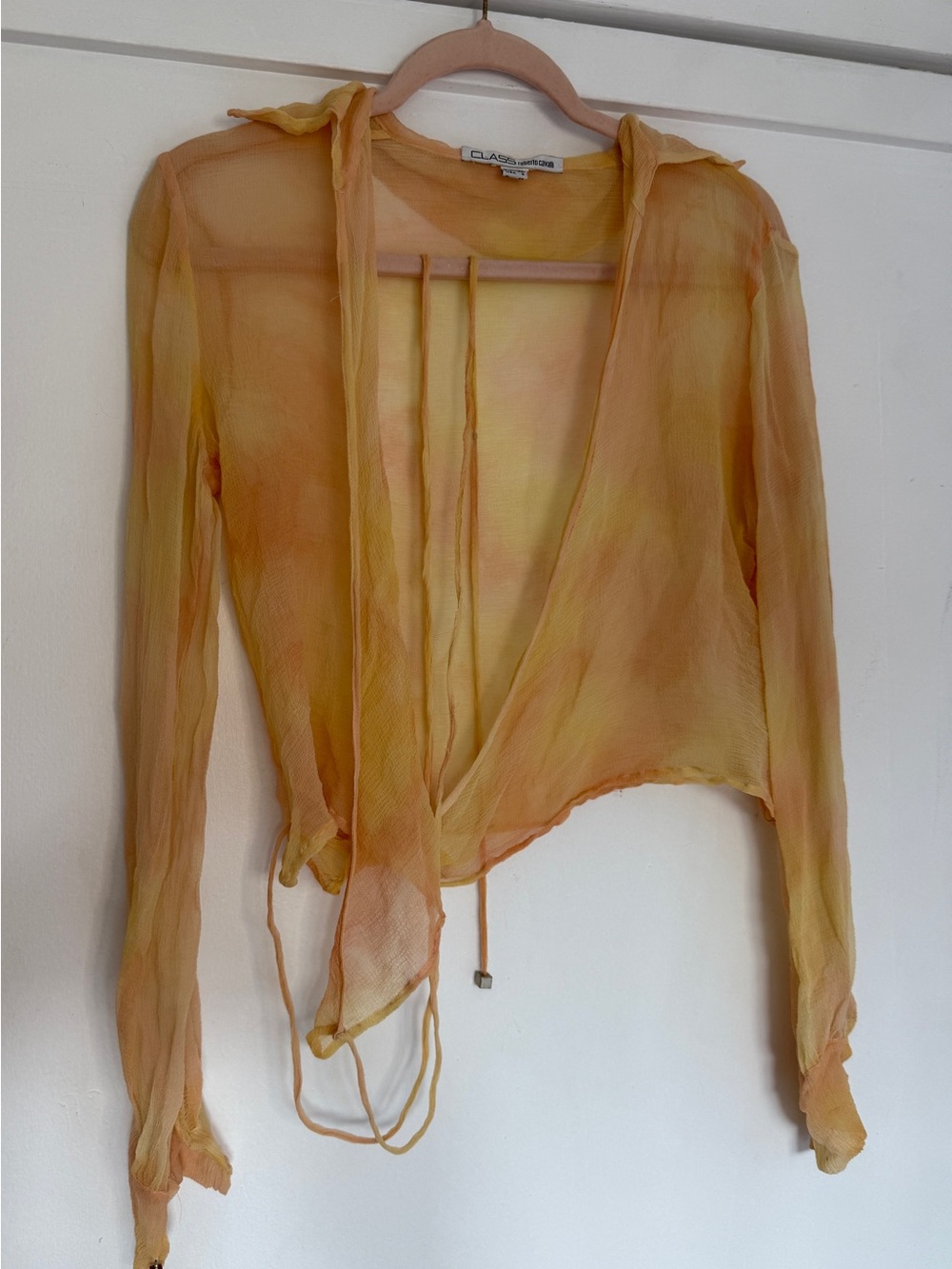 Roberto Cavalli Sheer Yellow Tie-Front Blouse